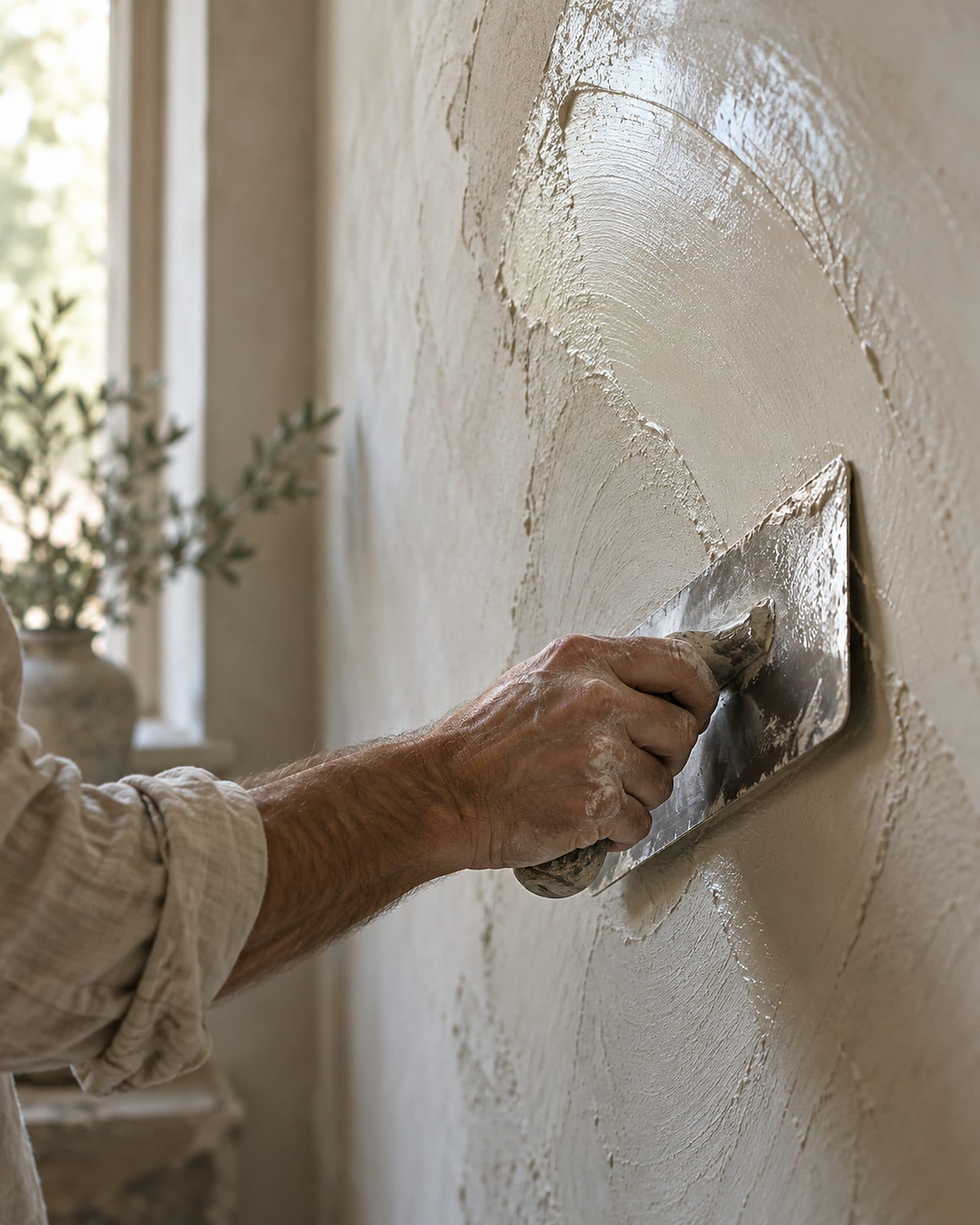 A craftsman's hand pulling a steel trowel across wet plaster
