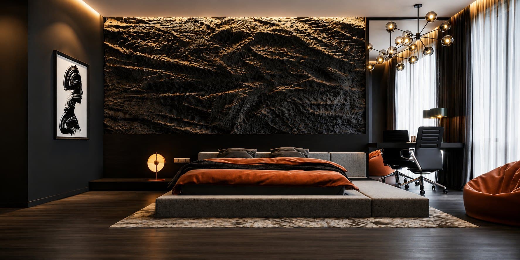Warm, textured interior with hand-finished feature wall